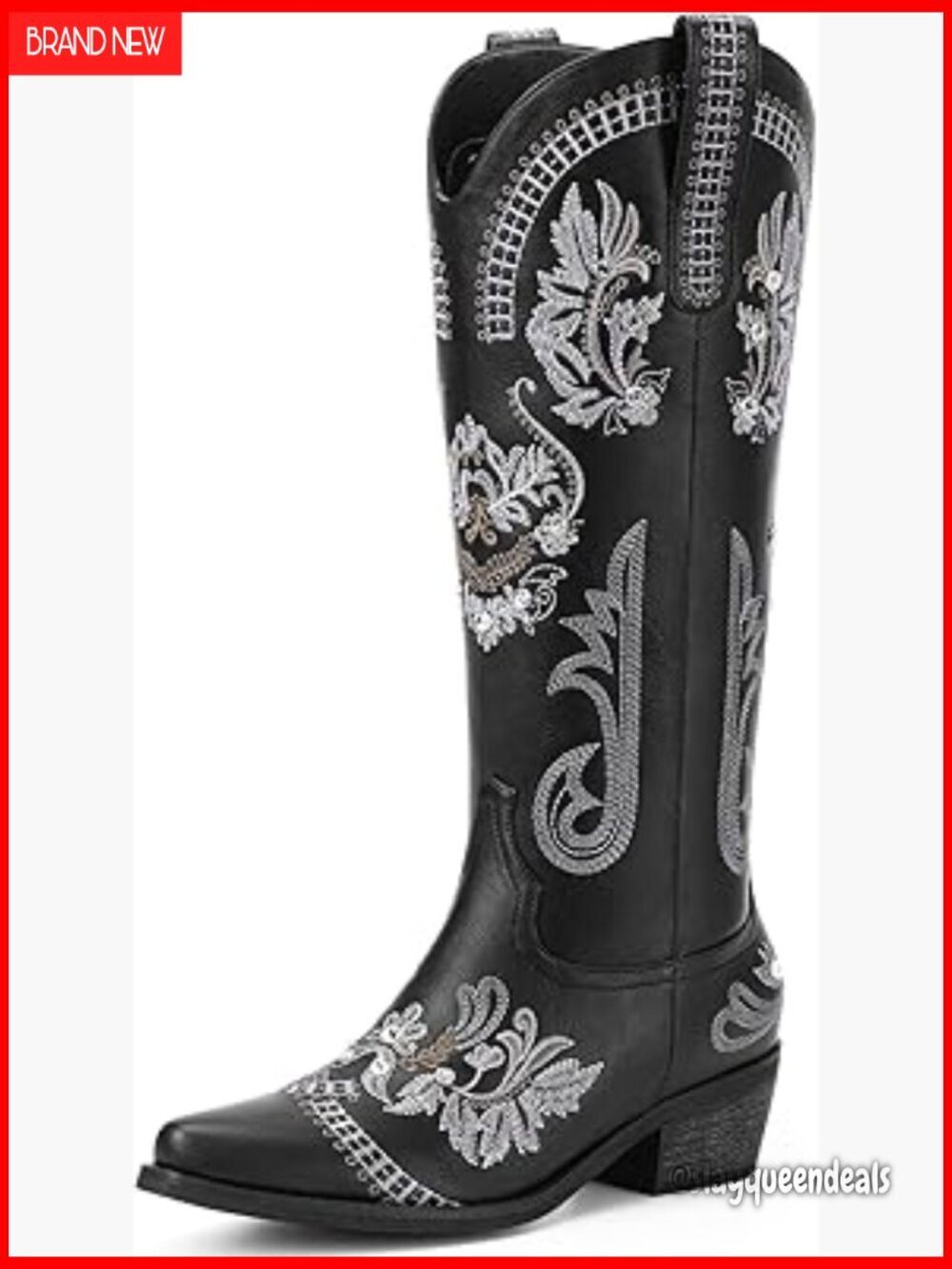 Knee High Western Cowgirl Boots with Rhinestones, Pointed Toe, Chunky Heel